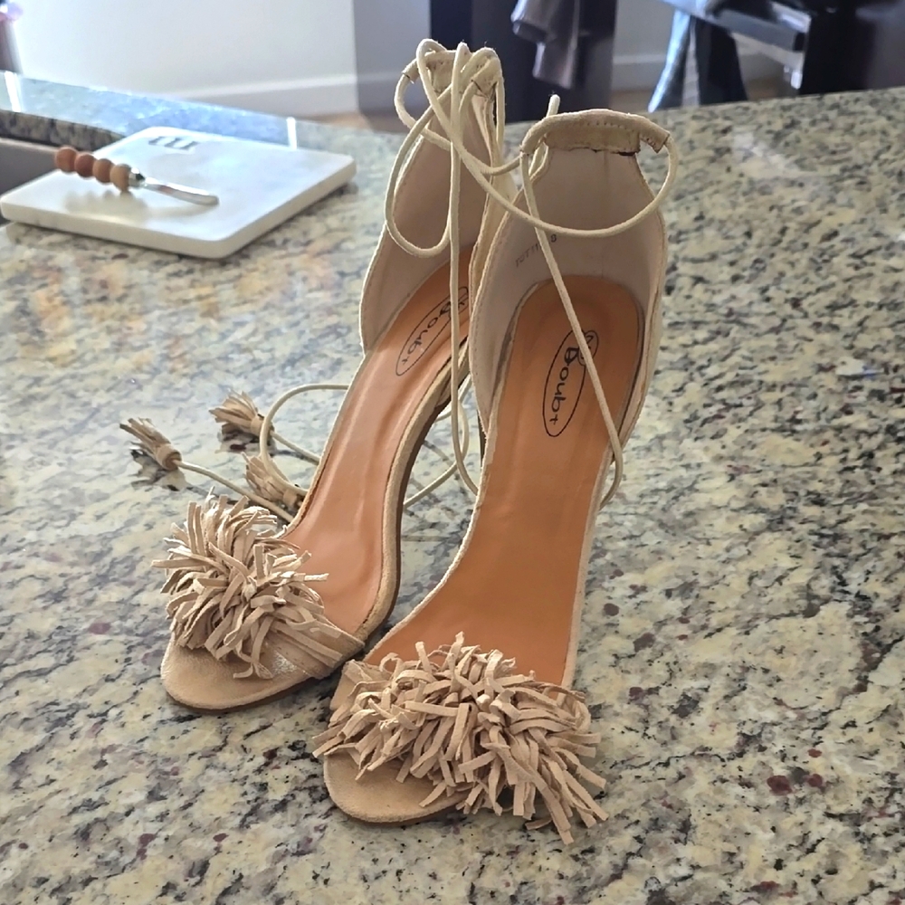 No Doubt Suede Fringe Lace-Up Heels Sandals
